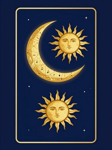 Mystical tarot card illustration representing astrology, a golden crescent moon and sun alignment, midnight blue background, vector art