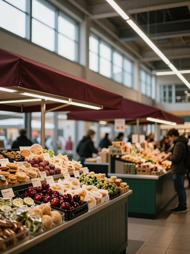 A bustling modern food market hall with artisanal stalls, warm light beams filtering through windows