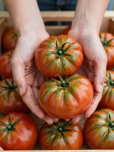 Close-up of dirty hands holding freshly harvested organic heirloom tomatoes on a wooden crate, soft daylight