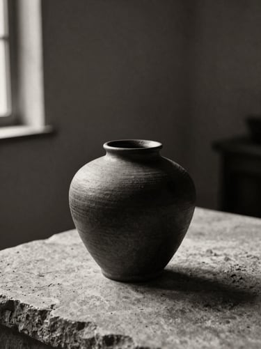 A single minimalist dark ceramic vessel on a rough stone surface, deep side shadows, warm sepia undertones, editorial composition