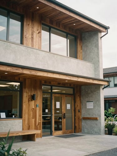 Modern community health clinic exterior, soft overcast daylight, clean concrete and wood architecture, medium format film
