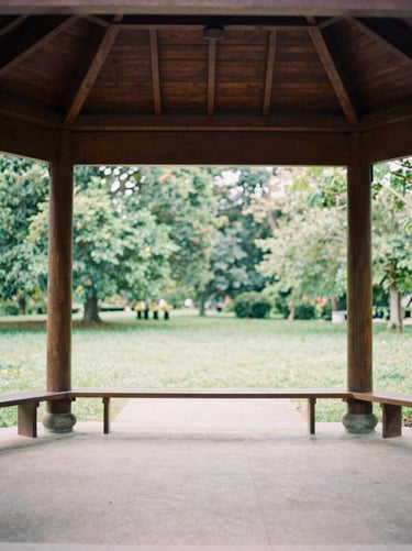A quiet public park pavilion with wood beams, lush green surroundings, soft natural light, medium format film