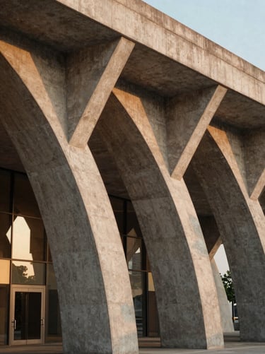 Close-up of a modern performing arts pavilion, geometric concrete arches, golden hour light, medium format film