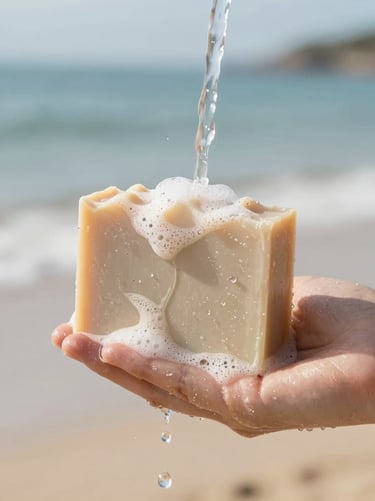 Close-up of a hand holding a textured artisanal soap bar under soft running water, delicate foam, natural light