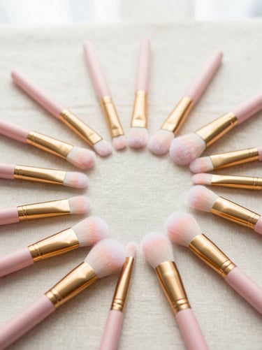 High-angle flat lay of tapered gold-accented makeup brushes on a clean beige linen texture, aspect: portrait