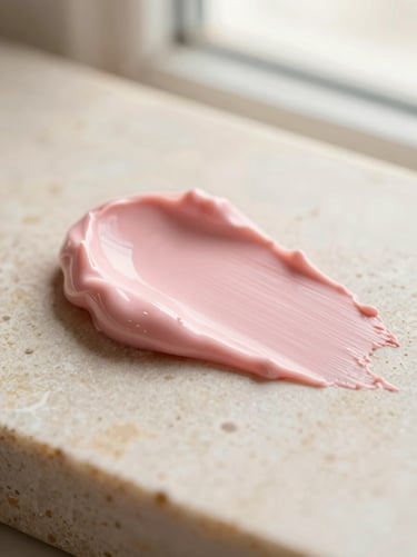 Macro shot of soft pink cream blush on a warm alabaster stone surface, soft morning light, aspect: portrait