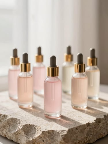 Elegantly arranged glass serum bottles with gold accents on a natural stone, diffused shadows, aspect: portrait
