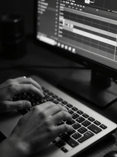 Monochrome overhead close-up of an editor's hands on a keyboard with a dark editing timeline visible on a monitor behind, low ambient light, side-lit from monitor glow, film grain, high contrast