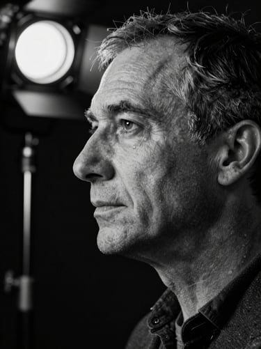Monochrome portrait-framed close-up of a film director's face in three-quarter profile, dramatic side-lighting from a practical set lamp, deep shadow on one side, high contrast, film grain, dark background