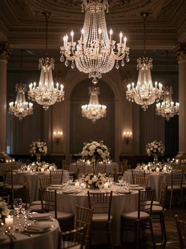 Luxury wedding gala in a grand hall, warm candle light mixed with dramatic architectural lighting, crystal chandeliers, elegant dark atmosphere.