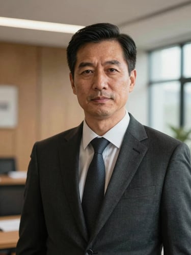 Serious portrait of an experienced male attorney in a dark suit, warm natural office lighting, professional and empathetic expression.