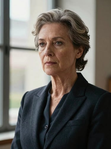 Serious portrait of a female senior attorney, elegant dark blazer, natural window light, focused and professional expression.