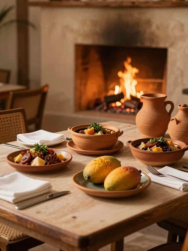 Rustic restaurant table set with regional dishes, warm firelight, clay pots, cozy interior atmosphere
