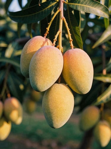 Close-up of ripe mangoes hanging from a branch in a sunny orchard, warm golden hour light, 35mm film style