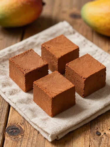Artisanal taiada blocks resting on a raw linen cloth on a rustic wooden table, soft shadows, warm tones