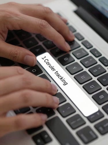Extreme close-up of a laptop keyboard, hands typing a courier tracking number into a clean white input field, screen glow on fingertips, neutral studio lighting, mid-task, no faces, sharp focus on the keys and input field