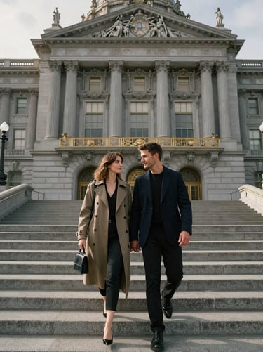 Grand classical architecture of San Francisco City Hall, high-fashion couple walking down stone steps.
