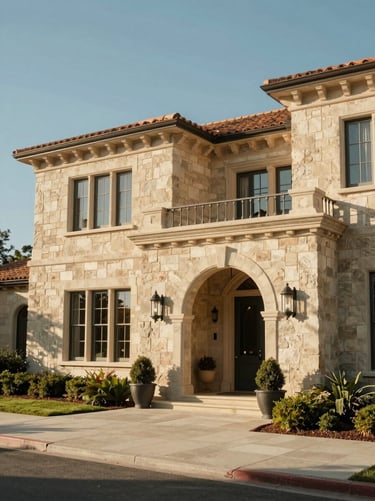 A sun-drenched stone estate in Napa Valley, warm light, clean architectural lines, elegant details.