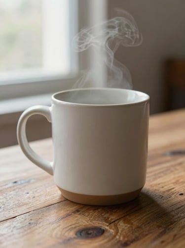 Close-up of a matte ceramic mug resting on a worn wooden table, steam barely visible, soft window light from behind, minimal background, no props