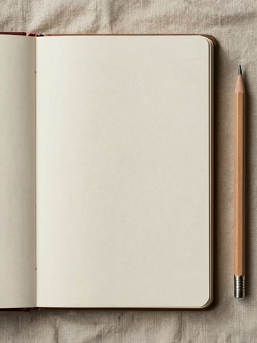 Overhead view of a slim hardcover notebook open to a blank cream page on a linen surface, a single pencil beside it, diffuse natural light, no text visible
