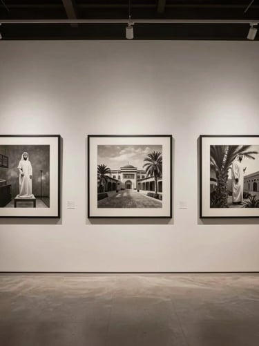 A wide-angle interior shot of a minimalist gallery wall in a Middle Eastern villa, featuring three monochromatic artworks in simple black frames.