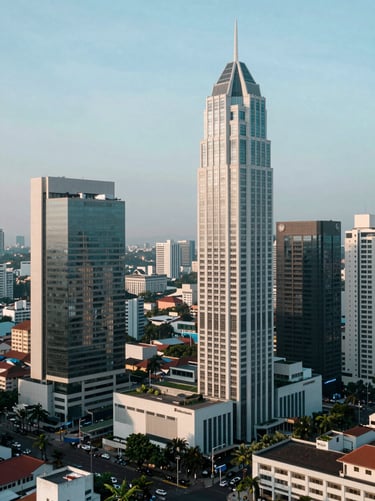 A high-angle shot of an urban landscape in a Southeast Asian / Indonesian business district. The architecture is modern and sleek, captured in the cool morning light with a color palette of Soft Sky Blue and Pale Mist White.