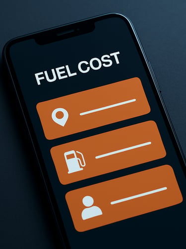 Overhead close-up of a smartphone screen displaying a fuel cost calculator dashboard with route distance, cost-per-passenger fields and orange metric cards, placed on a dark matte surface, cool studio lighting, high contrast