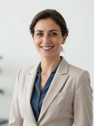 Professional headshot of an Italian female diplomat, confident smile, soft natural lighting, neutral background, 35mm