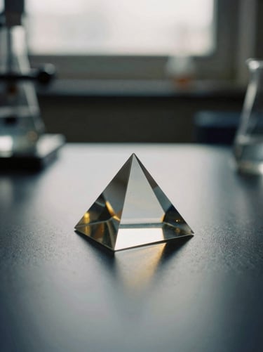 Abstract scientific imagery of light refracting through a clean glass prism in a dark laboratory, subtle golden reflections, 35mm