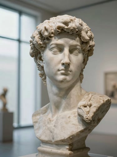 Artistic close-up of a sculptural marble bust in a modern gallery setting, soft side lighting, high contrast, 35mm