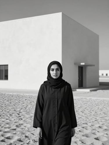 Black and white editorial portrait of a female Saudi BIM coordinator, clean architectural lines, sharp high-contrast studio lighting.