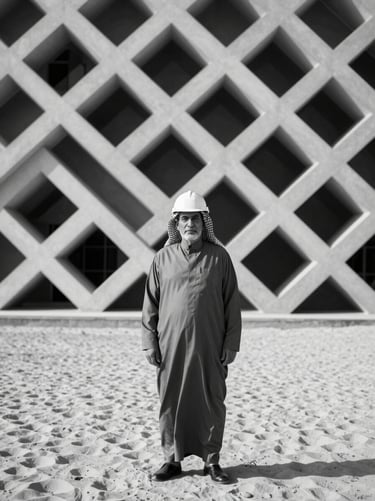 Black and white editorial portrait of a senior Saudi structural engineer, structured geometric background, high-contrast lighting.