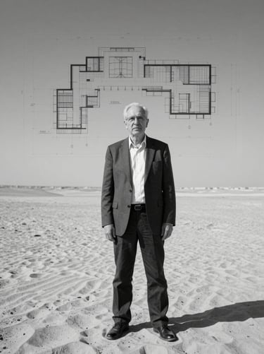 Black and white editorial portrait of a senior procurement specialist, structured background with architectural blueprints.