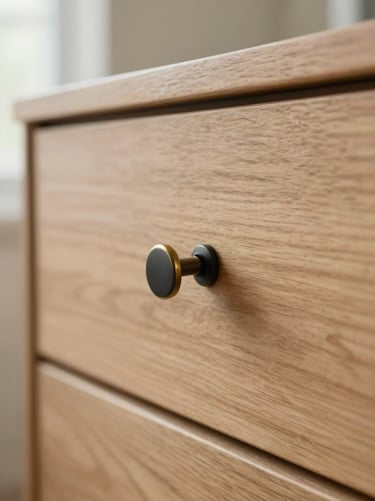 Detail shot of a matte black brass cabinet pull on a light oak drawer, clean architectural composition, 35mm lens.