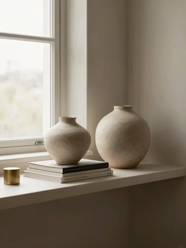 A styled minimalist living room shelf with a textured ceramic vase, stacked art books, and a small brass object, soft window light.