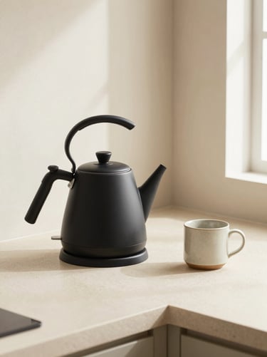 A matte black electric kettle sitting on a clean cream-colored stone countertop next to a single ceramic mug, soft morning light.