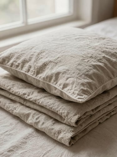 Overhead shot of neatly folded linen pillow covers in muted earthy tones, natural window light, elegant texture.