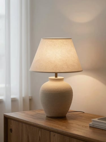 Close-up of a textured ceramic table lamp casting a warm glow on a wooden sideboard, soft daylight, minimalist style.