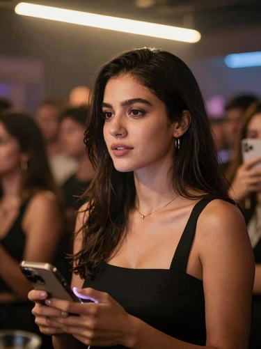 Cinematic portrait of a female IRL content creator mid-event at a nightlife venue, warm tungsten overhead light, phone camera visible in-hand, crowd energy blurred behind her, sharp focus on face and expression