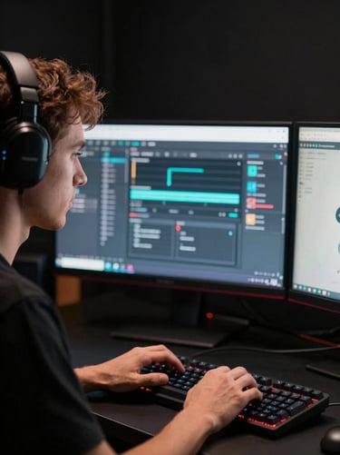 Close-up cinematic portrait of a gaming creator at a streaming desk, tungsten rim light illuminating face from the left, dual monitors glowing behind, hands on mechanical keyboard, matte-black studio background