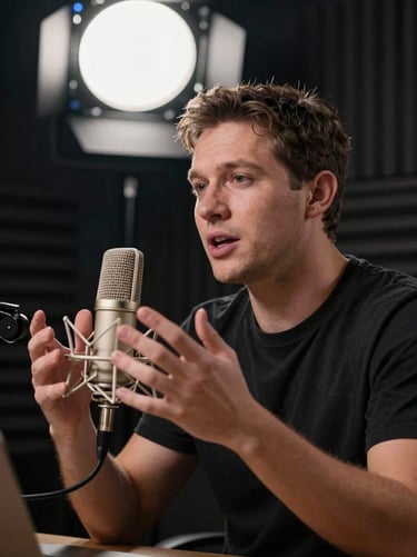 Cinematic tight shot of a podcast host at a broadcast-quality studio microphone, overhead studio strobe light, deep-black acoustic panels behind, hands gesturing mid-sentence, gold-toned condenser mic in frame