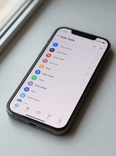 Close-up of an Android phone screen showing a minimal daily habit tracker interface, clean grid layout, natural window light from the left, phone resting on a plain desk