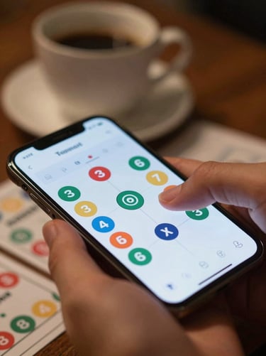 Close-up of fingers tapping a minimalist trivia card game on a phone screen, coffee cup blurred in background, warm ambient indoor light