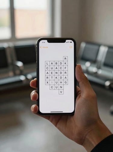 Hand holding a phone displaying a simple word puzzle game screen, soft afternoon light through a window, blurred waiting-room chairs in background