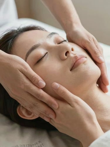 Close-up of gentle hands performing a lymphatic facial massage, soft natural light, warm skin tones