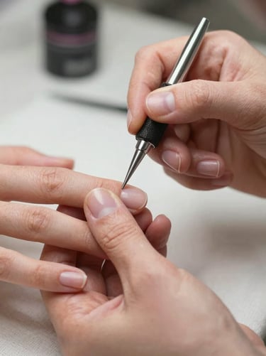 Macro shot of a manicurist meticulously shaping nails, soft-focus background, clean linen surface