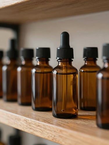 Close-up of amber glass apothecary bottles on a raw wooden shelf, soft morning light
