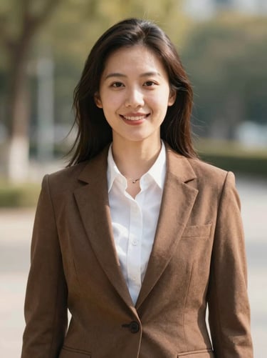 Professional portrait of a financial compliance officer, bright natural daylight, warm editorial style, shallow depth of field