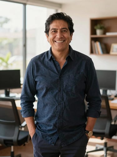 Professional portrait of a Peruvian director in a bright office, natural daylight, warm editorial style, shallow depth of field