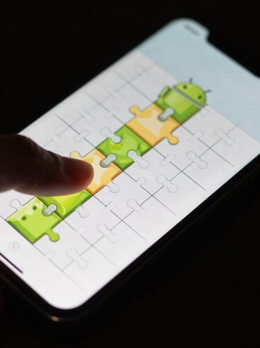 Extreme close-up of an Android phone screen displaying a puzzle game grid with crisp tile graphics, finger resting at the edge of the screen, controlled daylight on glass surface, near-black background